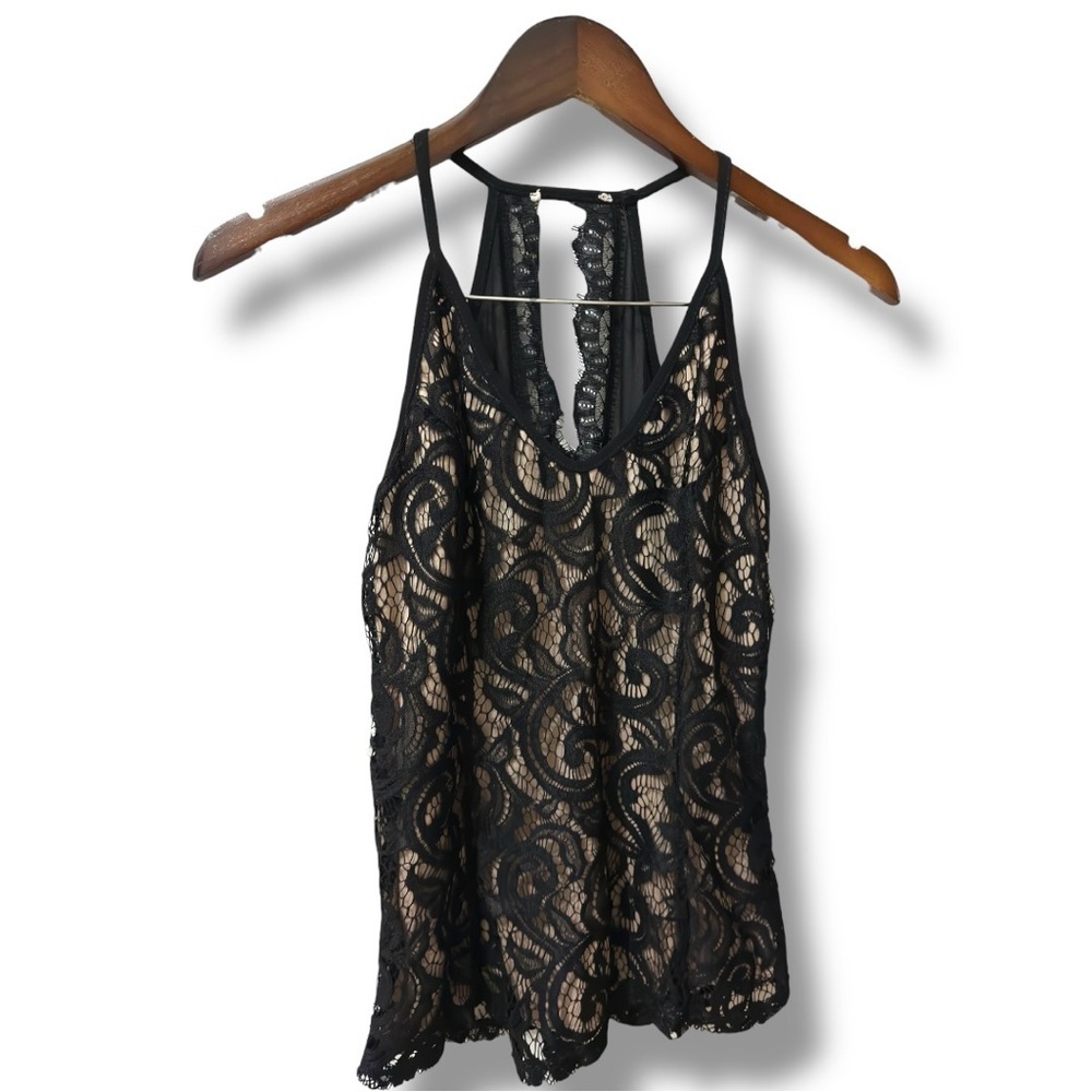 NWOT USA Cotton Black Sheer Floral Lace VNeck Camisole Racerback Tank Top (sz S) - Picture 2 of 12